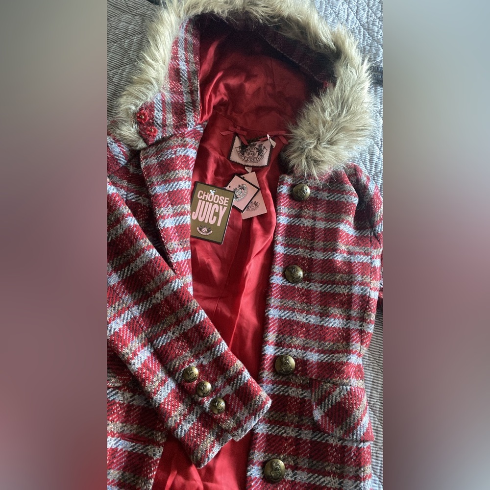 Juicy Couture Chrry Tomato ALICE PLAID COAT Size P (XS) NWT